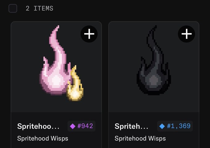 A digital collectibles inventory showing two 'Spritehood Wisps' items, a pink/yellow one (#942) and a black one (#1,369), in what appears to be a blockchain-based game interface.