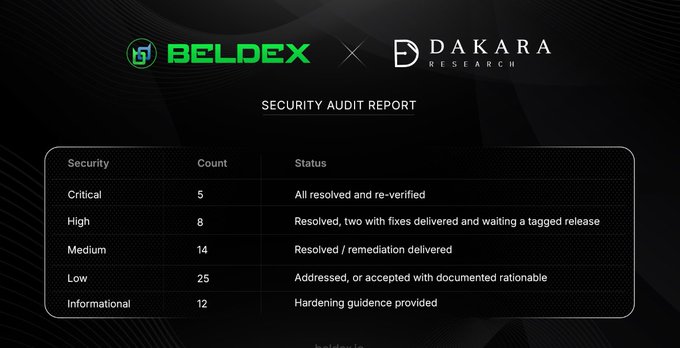 BELDEX x DAKARA RESEARCH Security Audit Report summary showing 5 Critical, 8 High, 14 Medium, 25 Low, and 12 Informational findings with their resolution statuses.