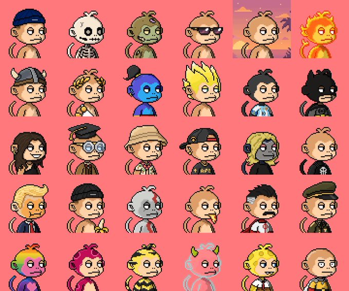 A grid of 30 pixel-art monkey character avatars in various costumes, styles, and colors arranged in five rows on a pink background.