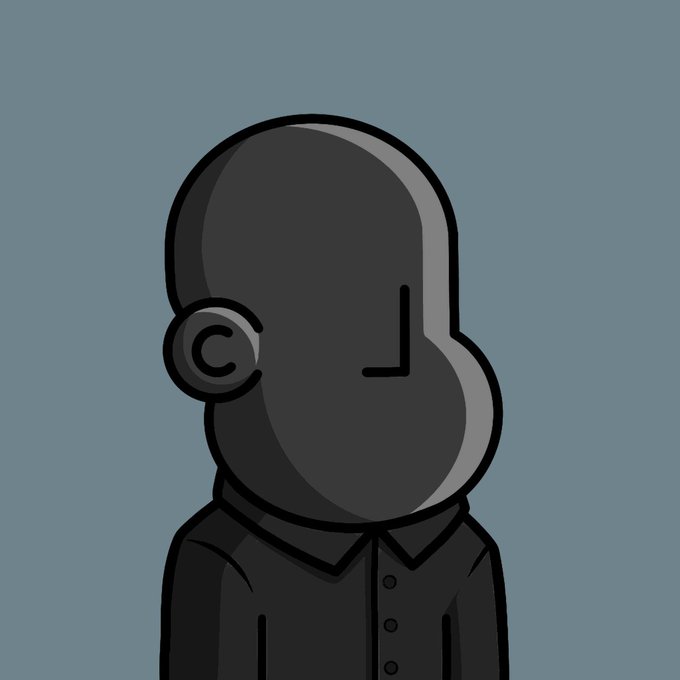 A digital illustration of a faceless humanoid figure with a dark grey, rounded head and visible ear, wearing a black collared shirt against a blue-grey background.