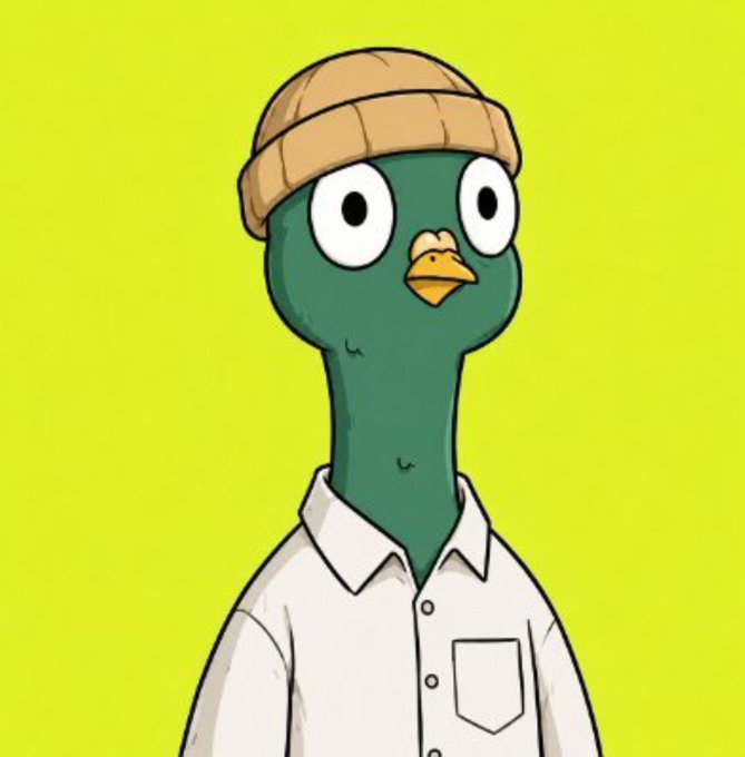 An illustration of a green duck-like character with a long neck, wearing a tan beanie and a white collared shirt against a yellow-green background.