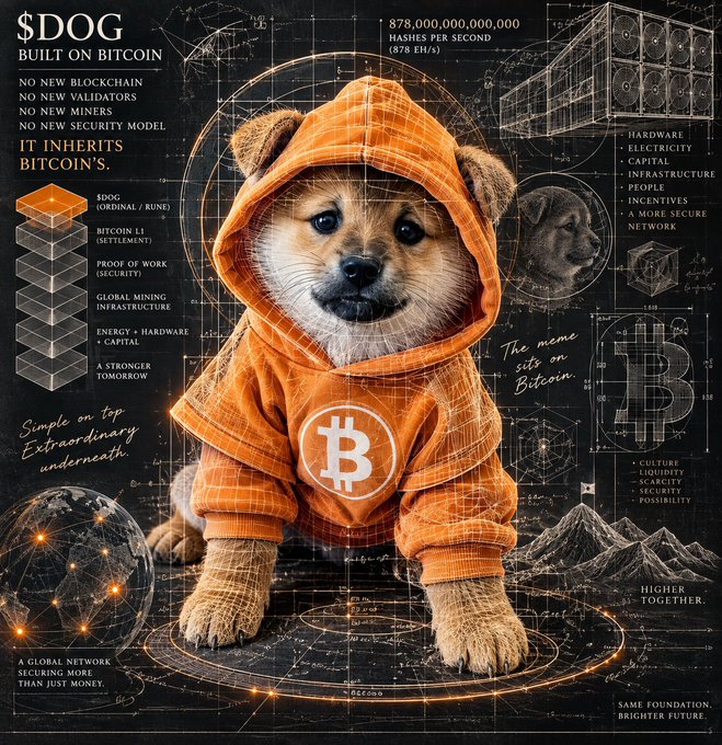 An infographic features a Shiba Inu puppy wearing an orange hoodie with a Bitcoin 'B' logo, surrounded by Bitcoin-themed technical schematics and text like '$DOG BUILT ON BITCOIN' and 'HIGHER TOGETHER'.