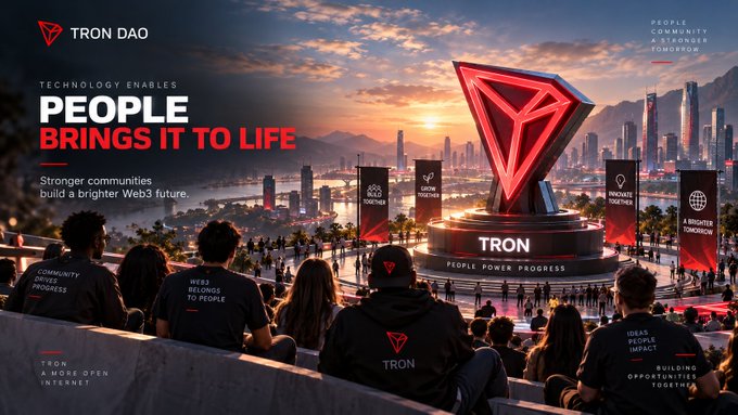 A promotional image for TRON DAO showing a futuristic cityscape with a large red TRON pyramid monument, captioned 'TECHNOLOGY ENABLES PEOPLE BRINGS IT TO LIFE'.