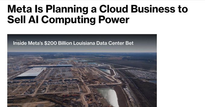 A headline reads "Meta Is Planning a Cloud Business to Sell AI Computing Power" above an aerial image of Meta's $200 Billion Louisiana Data Center Bet, illustrating the large-scale AI infrastructure project referenced as the starting point of Meta's recent stock decline, when news broke on July 1 about plans to sell excess AI computing power.