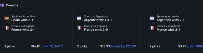 A sports betting app interface showing three combo picks for Spain vs Argentina and France vs England matches, with potential payouts ranging from $882 to $3,332.50.