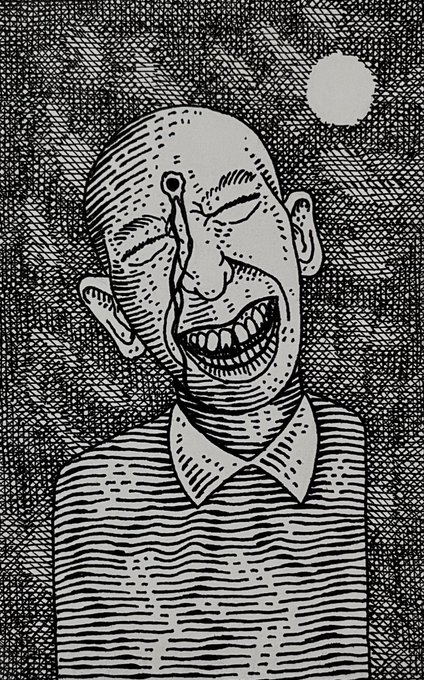 The image features a black and white illustration of a man with a large nose and teeth missing from his mouth. He appears to be smiling or laughing, adding a sense of humor to the scene. The background consists of a patterned surface that gives the impression of a wall or canvas. The caption at the bottom of the image reads "GM 1/1 XTZ". This could potentially be an advertisement for a product or service related to dental care or oral hygiene.