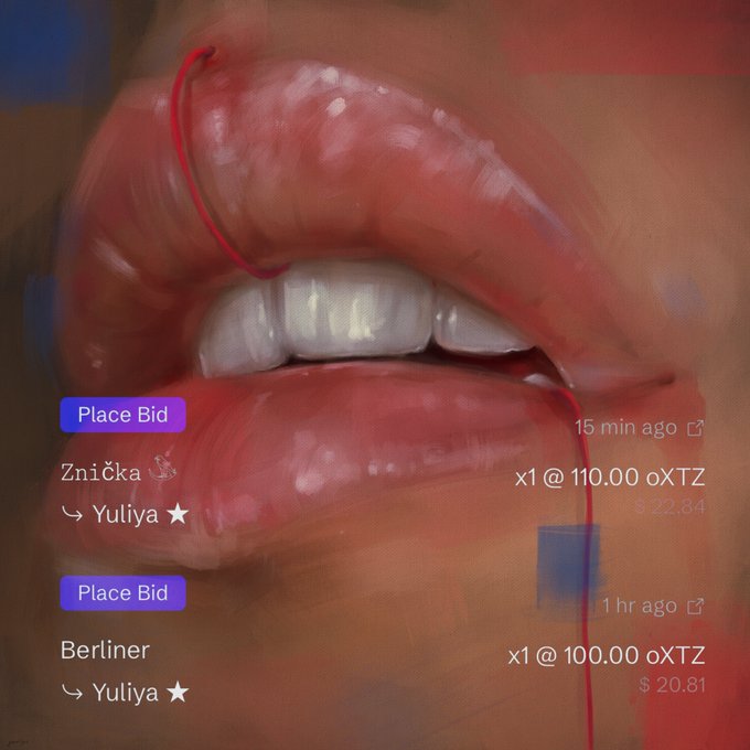 An NFT bidding interface overlaid on a close-up painting of red lips, showing two bids from user Yuliya: "Znička" at 110.00 oXTZ ($22.84) and "Berliner" at 100.00 oXTZ ($20.81).