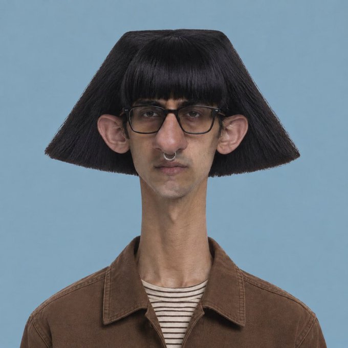 A digital 3D rendering of a person with a distinctive, sharply cut black bowl haircut, wearing glasses, a nose ring, and a brown collared shirt over a striped top, against a plain blue background.