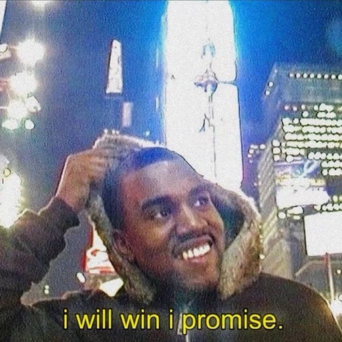 A smiling man wearing a fur-lined hood looks up at a city skyline, with the caption "i will win i promise" overlaid in yellow text at the bottom. The image humorously pairs with the post's determined "gm" declaration of staying awake to make money, capturing the overconfident optimism of a trader refusing to sleep during a trading session.