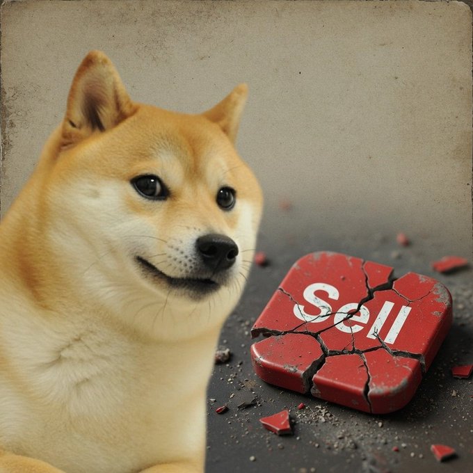 A Shiba Inu dog gazes thoughtfully beside a shattered red "Sell" button, symbolizing a decisive rejection of selling. The image humorously reinforces the post's message that holding rather than selling will lead to a "problem solved" outcome and a $DOGE moon.