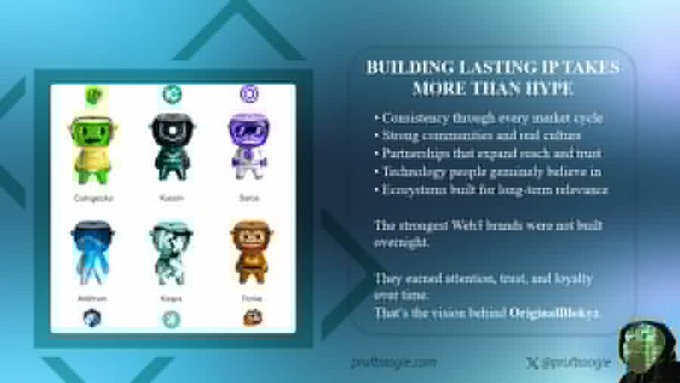 The image showcases a promotional graphic for "OriginalBlokyz," featuring six colorful NFT character designs (Codegeiko, Kaashi, Sota, Anderon, Voya, and Troze) alongside text emphasizing the brand's long-term vision with slogans like "BUILDING LASTING IP TAKES MORE THAN HYPE" and listing principles such as consistency, community, trust, and ecosystem relevance. It relates to the post as the user mentions wanting to mint multiple Blokyz-related items (t00ns, godspull, hollows, fragment of growth) and calls on @MonkOnTheBlok to provide a whitelist so they can finally mint from the OriginalBlokyz collection.