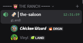 A Discord interface showing a channel named 'the-saloon' within 'THE RANCH' server, featuring chat icons for 'Chicken Wizard', 'Vinyl', and others.
