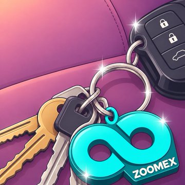 A cartoon-style illustration shows a golden key, a teal infinity symbol keychain labeled "ZOOMEX," and a car key fob with lock buttons resting on a pink leather surface. The infinity keychain ties in with the "Vibes Check" post, symbolizing endless or limitless energy and vibe.