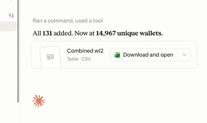 Claude ran a command confirming "All 131 added. Now at 14,967 unique wallets" with a downloadable CSV file titled "Combined w12," corresponding to the post's announcement that Community Collab Wallets and the Round of 100 Wallets have been added to the Community Mint eligibility list.