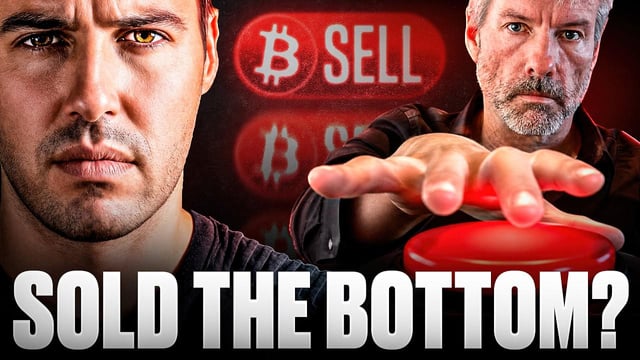 A YouTube-style thumbnail showing two men with Bitcoin 'SELL' signs and the text 'SOLD THE BOTTOM?'