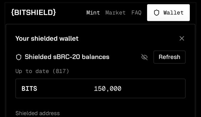 The image shows the {BITSHIELD} wallet interface displaying a shielded sBRC-20 balance of 150,000 BITS, which contrasts with the post's mention of minting a "150 Pack" for approximately $37—highlighting the difference between the mintage amount and the much larger displayed balance.