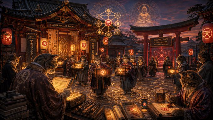 A fantasy digital illustration of anthropomorphic cats dressed as monks in a Japanese-style shrine, with signs reading 'SECURE WALLET SHRINE' and 'RECOVERY GATE' featuring Bitcoin motifs.