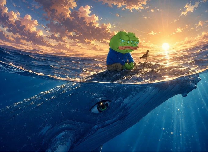 The image shows a sad Pepe the Frog character in a blue hoodie sitting atop a massive blue whale emerging from the ocean at sunset, with a small seagull perched beside him.

The caption relates to the post by using the iconic "sad Pepe" meme and the massive blue whale (symbolizing large crypto holders/"whales") to humorously suggest that even the biggest market movers sometimes fail, tying into the message that "s2 doesn't always cook."