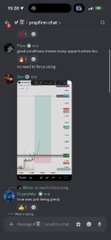 A mobile phone screenshot of a Discord app showing various chat channels including 'general', 'bot-music', 'nsfw', and 'trading', with a crypto price chart visible.