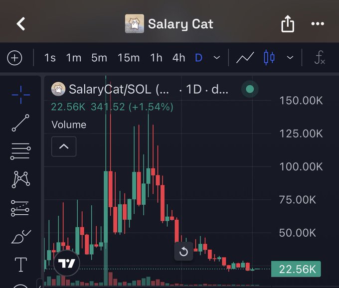 A TradingView candlestick chart for SalaryCat/SOL (SOL) showing a 1D view with a price of 22.56K, up 1.54% with a +341.52 change, displaying recent price action and volume.