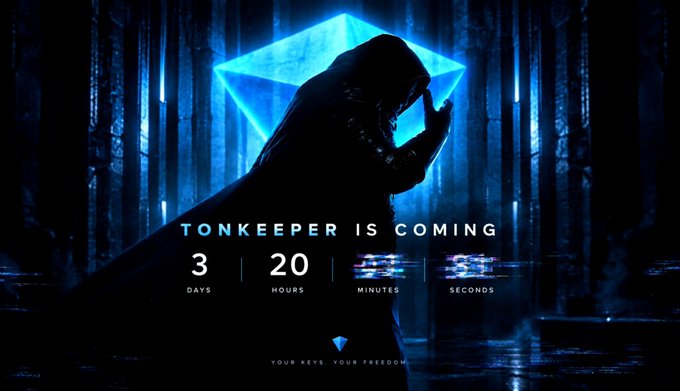 A hooded figure stands silhouetted against a glowing blue diamond shape in a dark forest, with text reading "TONKEEPER IS COMING" alongside a countdown showing 3 days, 20 hours, and counting down to zero. The tagline "YOUR KEYS. YOUR FREEDOM." appears at the bottom, reinforcing the post's anticipation of Tonkeeper's upcoming September 15th announcement.