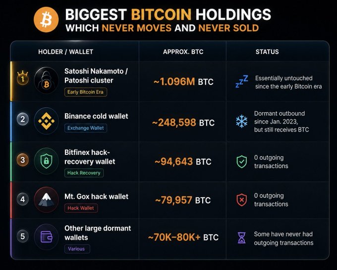 An infographic titled 'BIGGEST BITCOIN HOLDINGS WHICH NEVER MOVES AND NEVER SOLD' lists top wallets: Satoshi Nakamoto/Patoshi cluster (~1.096M BTC), Binance cold wallet (~248,598 BTC), Bitfinex hack-recovery wallet (~94,643 BTC), Mt. Gox hack wallet (~79,957 BTC), and Other large dormant wallets (~70K-80K+ BTC).