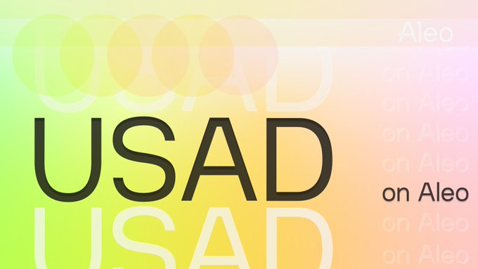 A pastel gradient background features the bold black text "USAD" alongside "on Aleo" branding, visually reinforcing the post's announcement of USAD—a privacy-preserving stablecoin by Paxos Labs—being built on the Aleo blockchain.
