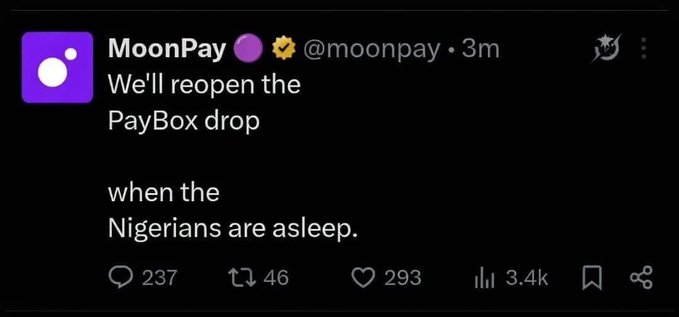 A tweet from MoonPay (@moonpay) reads 'We'll reopen the PayBox drop when the Nigerians are asleep,' with 3.4k views.