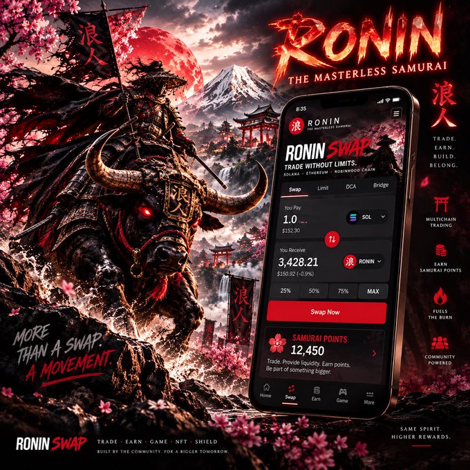 An advertisement for 'RONIN: THE MASTERLESS SAMURAI' featuring a samurai riding a demonic bull with a phone interface displaying the 'RONIN SWAP' platform.