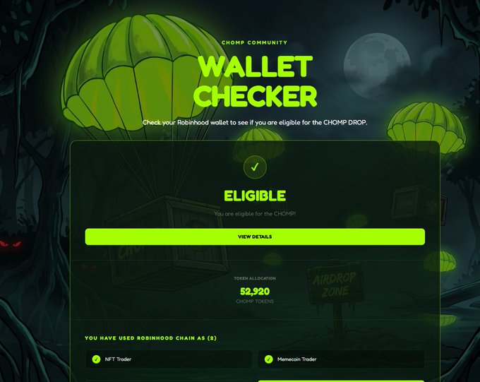 A 'CHOMP COMMUNITY WALLET CHECKER' page shows an 'ELIGIBLE' status with 52,920 CHOMP tokens allocated, featuring a Halloween-themed design with parachutes and a full moon.