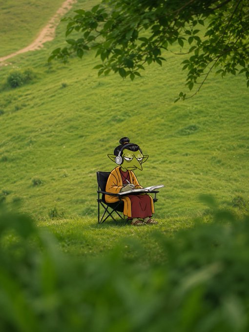 Illustrated image of a green-skinned elf-like character wearing headphones, sitting in a folding chair on a grassy hillside while reading a book.