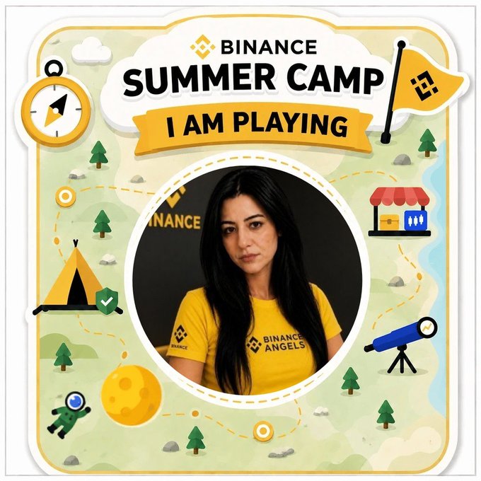 A Binance Summer Camp promotional graphic featuring a woman wearing a yellow Binance Angels t-shirt, surrounded by camp-themed illustrations like tents, trees, telescopes, and a compass.