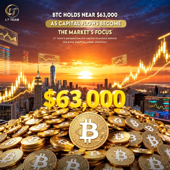 A promotional graphic from LT Team featuring a pile of gold Bitcoin coins with "$63,000" prominently displayed in front of a city skyline at sunset, overlaid with candlestick charts and the headline "BTC HOLDS NEAR $63,000 AS CAPITAL FLOWS BECOME THE MARKET'S FOCUS," visually reinforcing the post's emphasis on Bitcoin's price stability around $63K and the importance of institutional capital flows determining its next move.