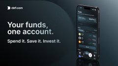 An advertisement for a cryptocurrency app called 'DeFi.com' states 'Your funds, one account. Spend it. Save it. Invest it.' next to a smartphone displaying a financial dashboard.