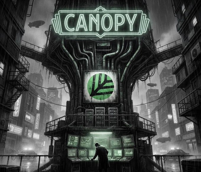 A dark, dystopian cyberpunk illustration featuring a tall mechanical tower with glowing green 'CANOPY' signage, pipes, screens, and a figure in a trench coat standing at a control panel in a rainy cityscape with blimps.
