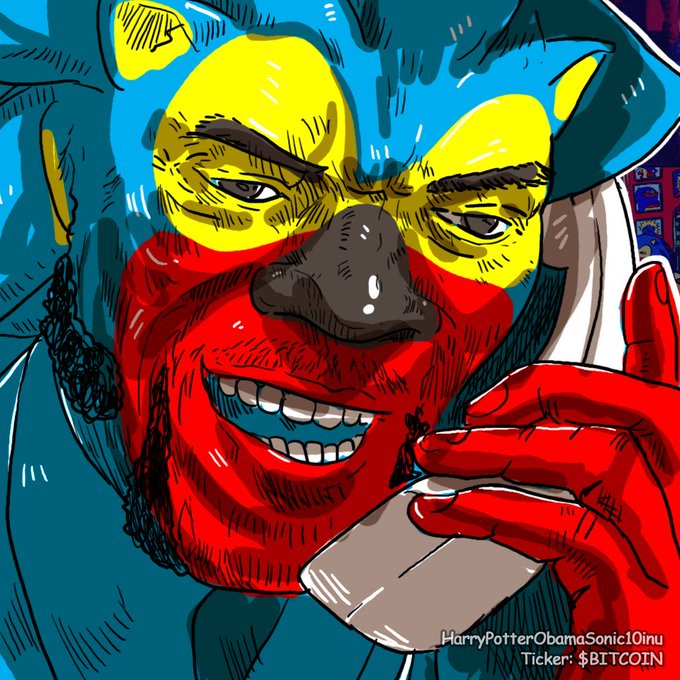 A vibrant comic-style illustration of a red-faced character with yellow eyes and blue hair, labeled with the Ticker $BITCOIN.