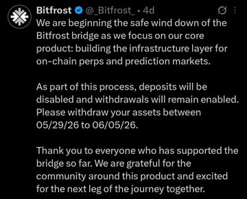 The image shows a black background with white text, which appears to be a message or announcement related to Bitfrost. The text includes information about the closing of the Bitfrost Bridge, an explanation of the assets involved (alloyed XRP), and instructions for those who have invested in the bridge. The post also mentions that there is still a significant amount of INT3 assets on @osmosis, which are part of the alloyed XRP asset.