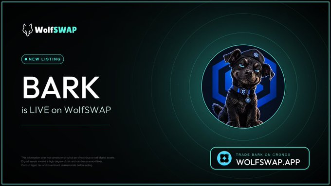A promotional graphic announcing BARK is live on WolfSWAP, featuring a black dog inside a circular frame with the URL WOLFSWAP.APP and a 'Trade BARK on Cronos' button.