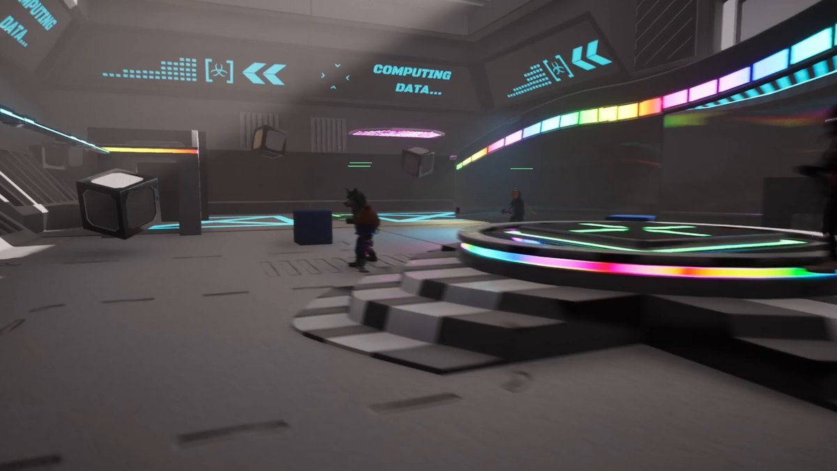 urns of light and dark blue, green, pink, orange, and purple colors fill a futuristic room with a large screen displaying "Computers" and "Computer Science".