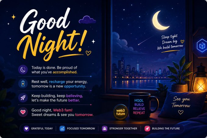 A colorful 'Good Night!' graphic with motivational text about rest and building the future, featuring a window view of a cityscape at night with a crescent moon, accompanied by icons and Web3-themed messaging.
