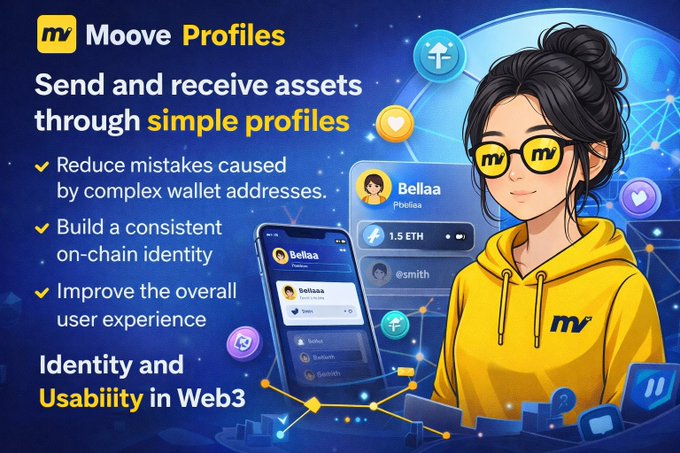The image features a cartoon girl wearing glasses with a yellow hoodie and blue jeans holding a cell phone displaying a profile picture. The background includes various icons related to web3, such as a wallet icon and a social media icon. The text on the image suggests that the girl is using a mobile app called @moovexyz for managing her Web3 identity and user experience. This app seems to be focused on making Web3 interactions more intuitive and safer by simplifying complex wallet addresses into easy-to-understand profiles, reducing the risk of mistakes caused by long wallet addresses.