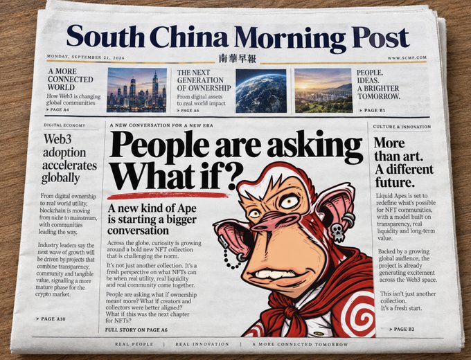 The South China Morning Post's Monday, September 23, 2024 front page features the headline "People are asking What if?" alongside an illustration of a Bored Ape-style NFT character, highlighting coverage of a "new kind of Ape" collection challenging the original NFT community—a fitting backdrop for the post's speculative enthusiasm about a potential new NFT project that could replicate the success of the original Bored Ape Yacht Club.