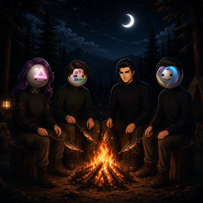 Four figures sit around a campfire at night roasting fish, with crescent moon and stars above, symbolizing a connected ecosystem gathering around shared warmth. The playful icons on three of the figures' faces represent the various @soneium ecosystem projects (@StartaleApp and @Arkada_gg) coming together like companions around a fire, illustrating how individual elements unite to create something greater than the sum of their parts.