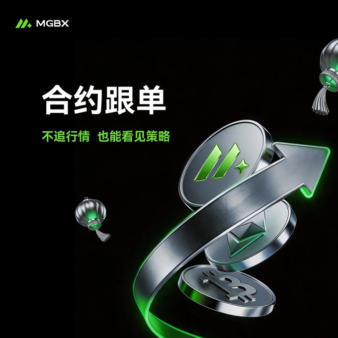 An MGBX cryptocurrency advertisement featuring metallic coins with the MGBX logo and a Bitcoin symbol, with Chinese text reading '合约跟单' and '不追行情 也能看见策略'.