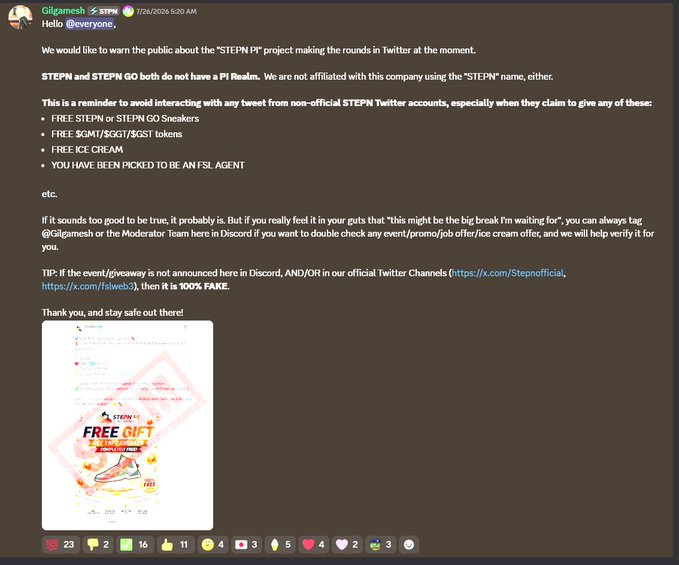 A screenshot of a Discord announcement from "Gilamesh" in the STEPN channel on 1/26/2026 at 5:20 AM, warning users about a "STEPN PF" scam project circulating on Twitter that falsely offers free STEPN/STEP GO sneakers, $GMT/$GST tokens, ice cream, or FSL agent status. The post clarifies that neither STEPN nor STEP GO has a PF Realm and includes an image of a fake "FREE GIFT" tweet to illustrate the scam.