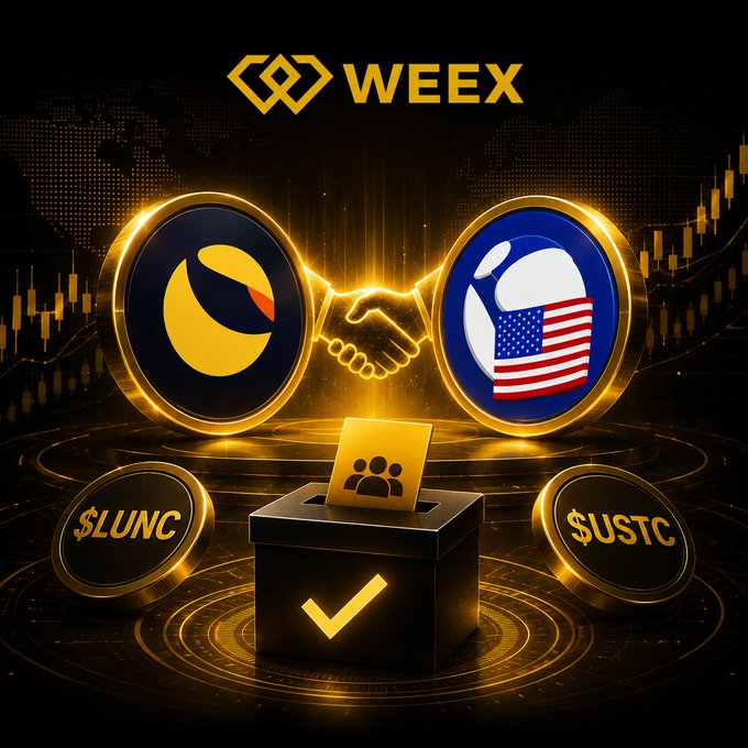 A promotional graphic for "WEEK" shows two gold coins with one displaying the LUNC logo and the other an American flag design, with a handshake icon and a checkmark ballot box in the center.