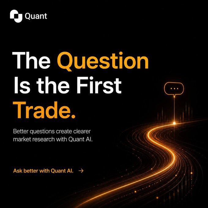 An advertisement for Quant AI features the tagline 'The Question Is the First Trade.' on a black background with a glowing orange path leading to a speech bubble.