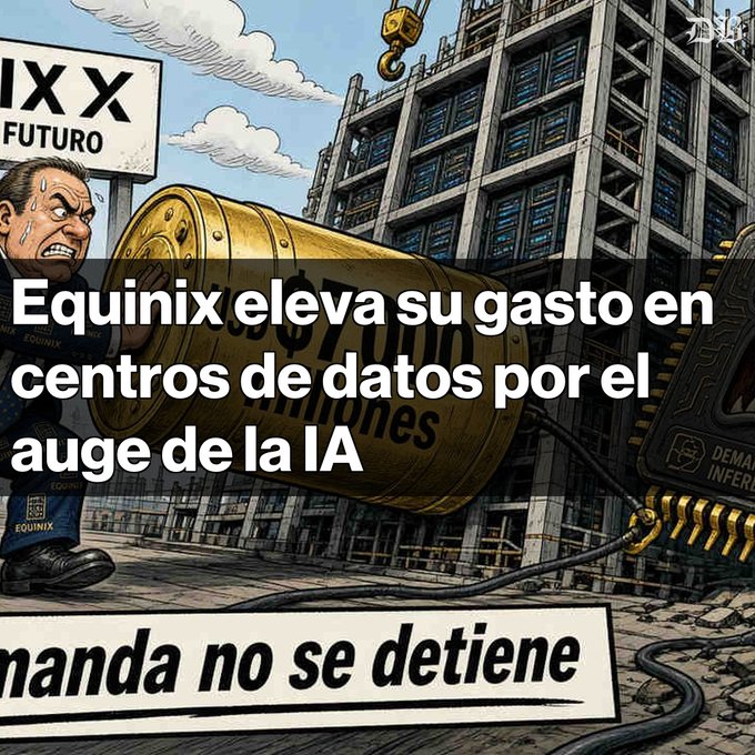 A cartoon illustration depicts a sweating, strained Equinix worker lifting a massive golden barrel labeled "USD 7,000 millones," set against a backdrop of a data center building under construction with a crane and a sign reading "IXX FUTURO," while overlaid text announces "Equinix eleva su gasto en centros de datos por el auge de la IA" and a banner below declares "manda no se detiene," visually representing the company's escalating capital expenditure of up to USD 7 billion annually through 2029 to meet surging AI-driven demand.