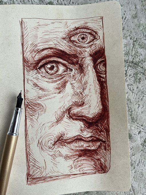 A detailed pen-and-ink drawing in reddish-brown ink on tan paper depicting a distorted face with a third eye on the forehead, accompanied by a fountain pen.