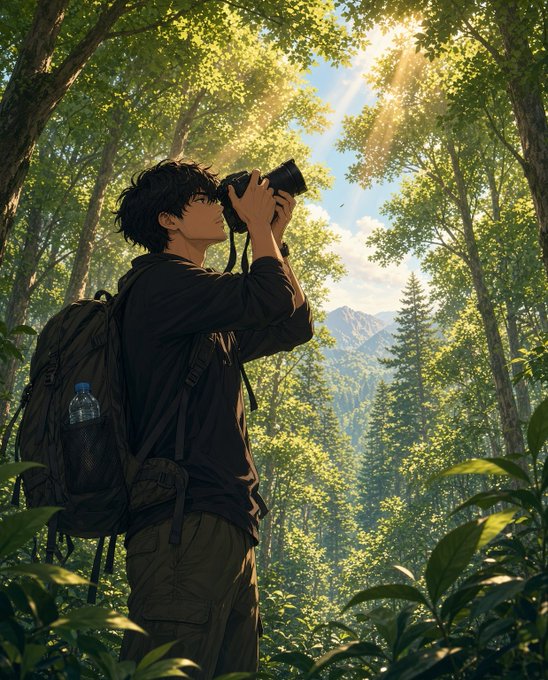An anime-style illustration of a young man with dark hair and a large backpack taking a photo with a DSLR camera in a sunlit forest, with mountains visible in the distance.